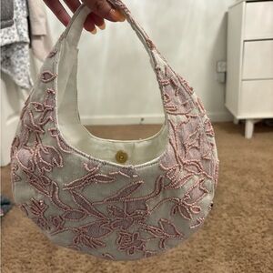 a new day Pink and Cream Hobo Bag with Floral Embroidery